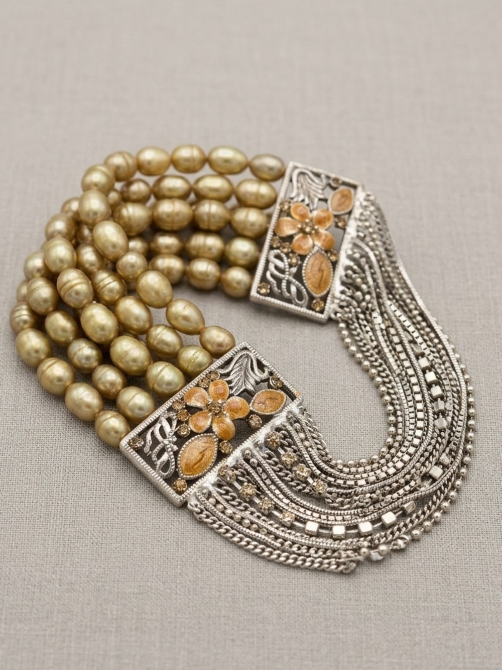 Vintage Baroque Pearl & Enamel Fringe stretch Statement Bracelet - Gold